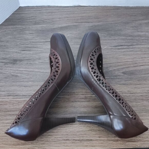 Connie High Heel Pumps Size 7 Brown Stacey Perforated Faux Leather Dressy Shoes - Picture 7 of 13